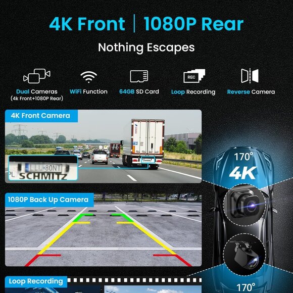 11" Large Wireless Apple CarPlay Screen for Car - with 4K Dash Cam/1080p BU cam - Picture 8 of 9